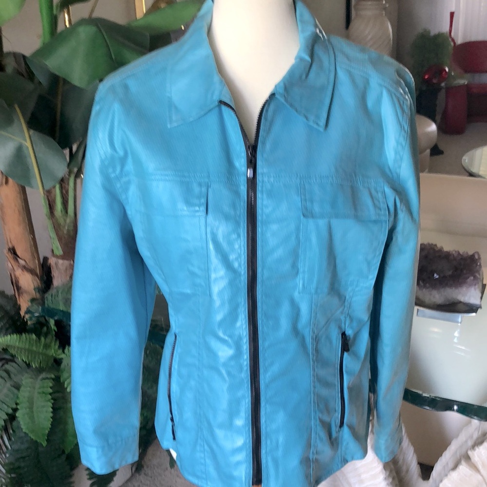 SZ L 100% COTTON JACKET (FAUX LEATHER LOOK) ZIP POCKETS TURQUOISE LIGHTWEIGHT